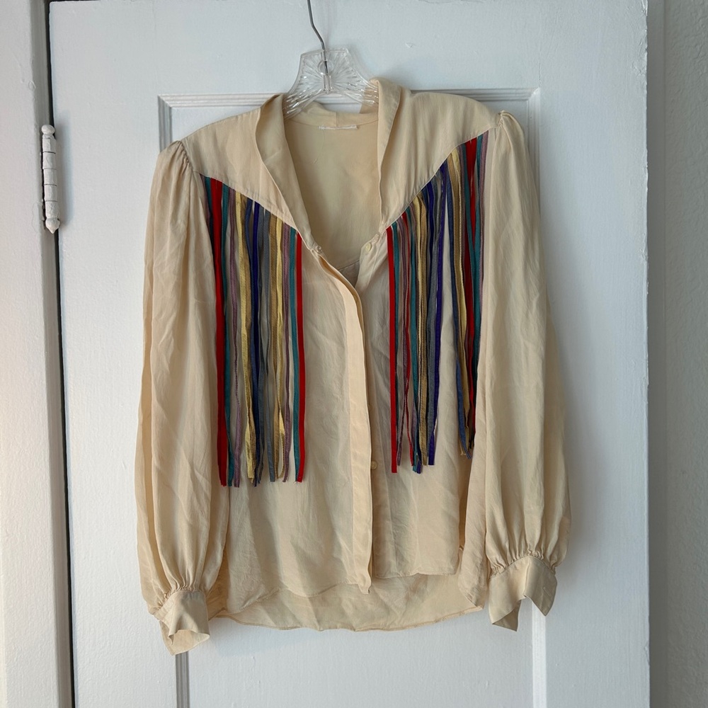 Vintage Cream fringe blouse with colorful fringe